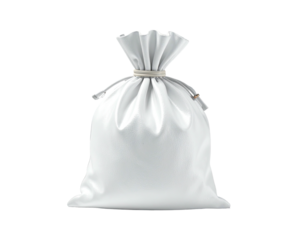 A full, white, drawstring bag tied at the top, isolated on a black background