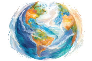 Watercolor Painting of Earth Globe with Swirling Water in Blue Green and Brown Tones on Transparent Background a Vibrant Depiction of Planet Earth and Environmental Awareness