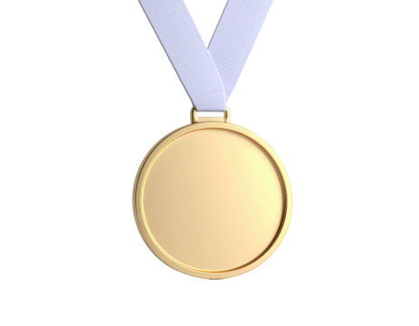 A shiny gold circular medal with a light blue ribbon, isolated on black