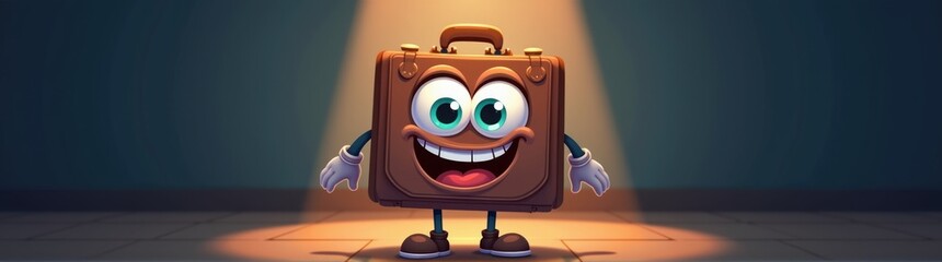 Cartoon suitcase with eyes and arms arms and legs and a smile on his face