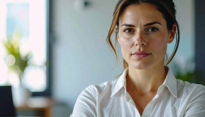 Young businesswoman professional manager wearing suit considering financial risks looking at camera standing at office.