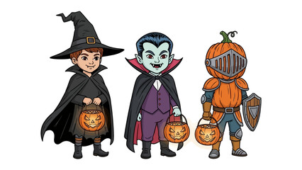 Halloween Costumes Illustration: A cheerful illustration of children in their Halloween costumes, each holding a jack-o'-lantern bucket, showcasing the spirit of the holiday.
