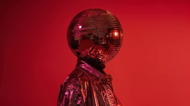 Futuristic performer wears a shining disco‑ball helmet and mirrored jacket in neon red light, glossy reflections flashing with every move; striking people footage for music videos