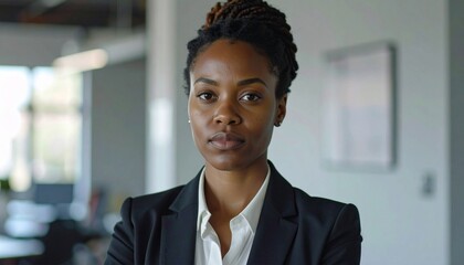 Young businesswoman professional manager wearing suit considering financial risks looking at camera standing at office.