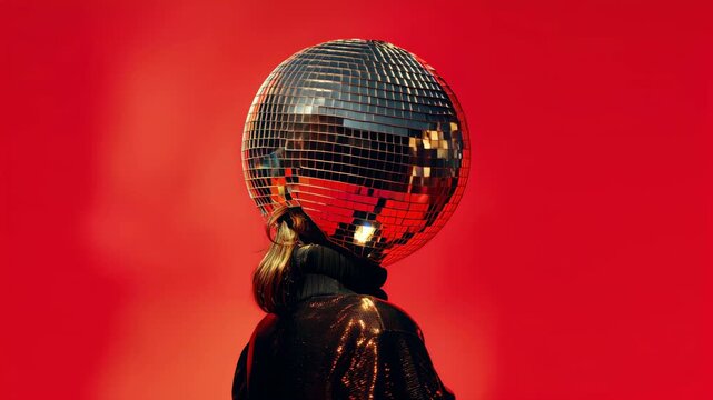Side profile of a mirror‑ball head performer against a glowing red backdrop, chrome facets and cinematic rim light building retro‑future attitude; bold people visual ideal for event promos