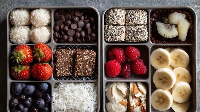 Two bento boxes of assorted fruit and bites: strawberries, blueberries, raspberries, banana, kiwi, coconut balls, chocolate bites.