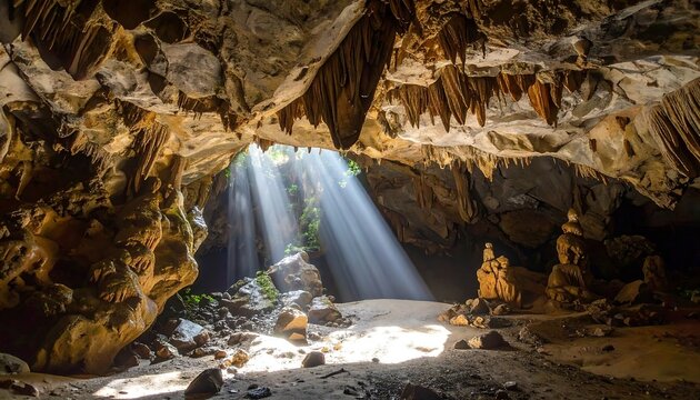 Sunlight streams into a cave