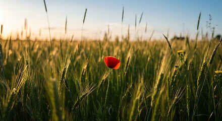 Single red poppy flower in a sunlit field with green wheat during daytime