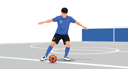 Fototapeta premium Focused futsal player controlling the ball during an indoor match mastering the game and showing sportsmanship in a competitive arena