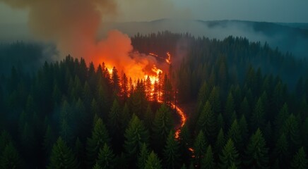 Wildfire spreading across forest canopy