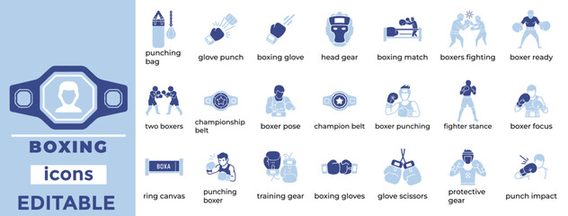 Modern boxing vector icons for sports, fitness, and martial arts designs with clean, minimal, editable style.