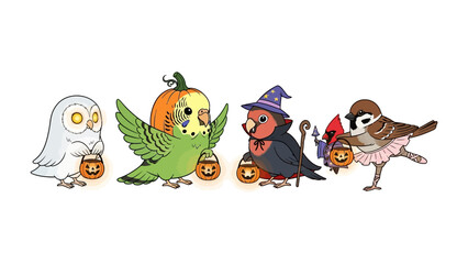 Feathered Fantasy: Halloween birds, dressed in festive attire, trick-or-treat together, representing a charming celebration of spooky season.