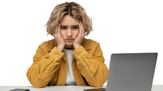 Frustrated young woman overwhelmed by work at desk with laptop