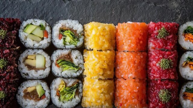Assorted maki sushi rolls with various fillings and colorful toppings arranged in neat rows.