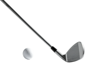 Club poised, ready to strike white ball, angled against black background