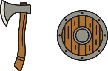 Wood axe and round shield with wood planks