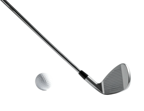 Club poised, ready to strike white ball, angled against black background