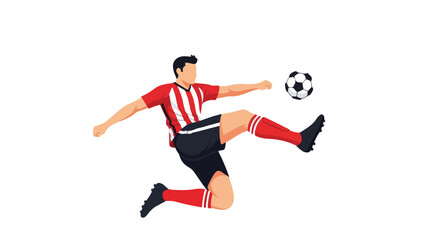 Fototapeta premium Dynamic soccer player illustration executing a powerful kick with red and white striped jersey and black shorts, on a bright backdrop