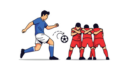 Obraz premium A Dynamic Free Kick Illustration: Football Player Kicking Ball Past Defensive Wall in Cartoon Style