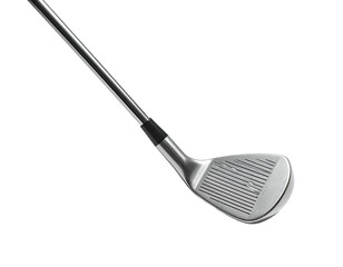 Angled close-up of a shiny, metal golf club wedge on a black background