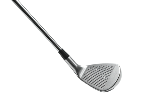 Angled close-up of a shiny, metal golf club wedge on a black background