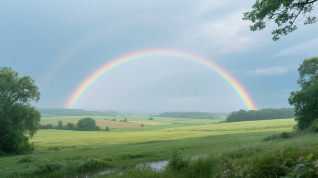 Minor Heat solar term rainbow over grassland after rain hope healing scenery background