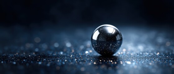 Sphere Metal Cosmic concept. Shiny sphere on a sparkling surface with a dark background.