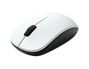 A white and black ergonomic computer mouse, isolated on a black background