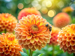 A bee collects nectar from a vibrant orange dahlia flower in a garden with a soft bokeh background