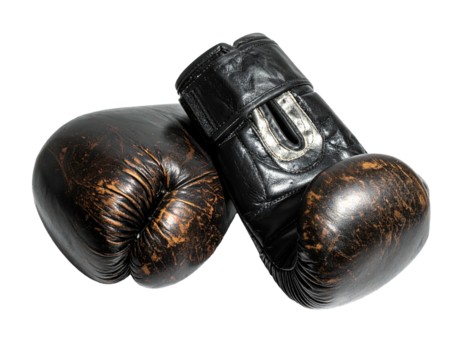 Pair of worn black leather boxing gloves, aged with a background cutout