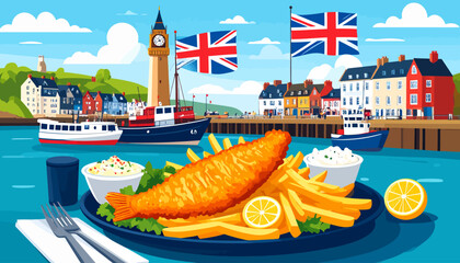 Traditional British fish and chips by the sea.