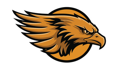 An eagle's head is illustrated in a circular frame with bold lines and vibrant orange hues.