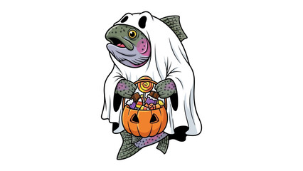 Spooky Rainbow Trout's Halloween Treat: A whimsically spooky rainbow trout dressed in a ghost costume gleefully clutches a jack-o'-lantern overflowing with candy, a playful visual of Halloween fun.