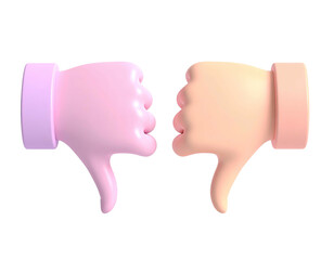 Two 3D cartoon hands, one pink, one tan, mirroring "thumbs down" on black