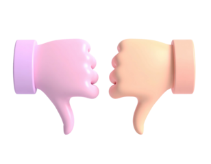 Two 3D cartoon hands, one pink, one tan, mirroring "thumbs down" on black