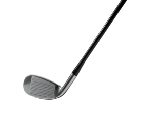 A golf club angled diagonally against a black background, head visible