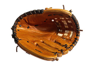 An open, well-worn, leather baseball glove isolated against a solid black background