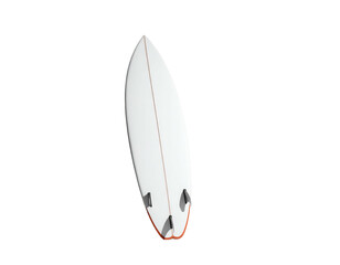 A sleek white surfboard angled in front of a black background, fins visible