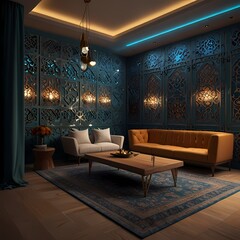 Fototapeta premium podcast room, islamic inspired, 3m by 6m, 3d style, interior design