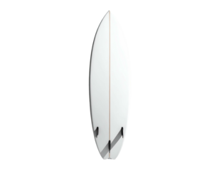 A top-down view of a white surfboard with black fins against a black background