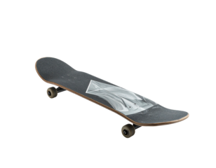 Angled skateboard with dark grey grip tape, abstract design, isolated black background