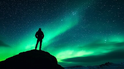 Fototapeta premium Person admires northern lights in a dark night sky above a mountain landscape