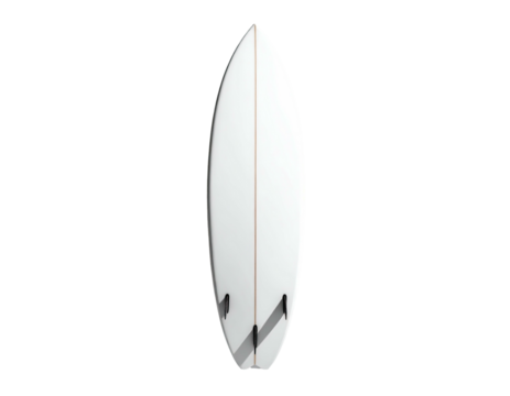 A top-down view of a white surfboard with black fins against a black background