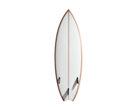 A top-down view of a white surfboard with a wood-tone trim and fins on black