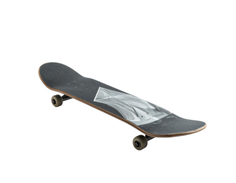 Angled skateboard with dark grey grip tape, abstract design, isolated black background