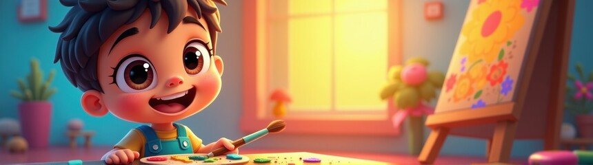 Cartoon girl painting a picture on a canvas in a room