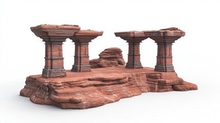 Fototapeta premium Ancient red stone ruins stand on a rocky outcrop in a serene landscape under soft sunlight
