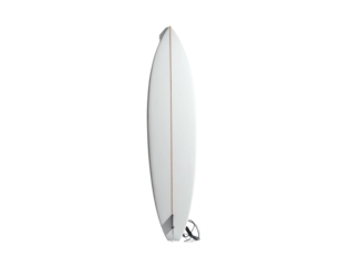 White surfboard stands vertically against a black background, fins attached
