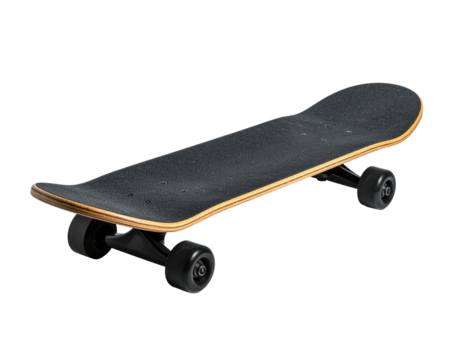 Angled shot of a standard skateboard against a stark black background