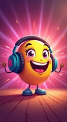 Joyful cartoon headphones mascot with shiny eyes and wide smile